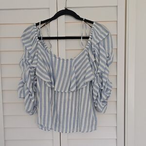 Zara Blue and White Puff Sleeve Ruffled Blouse